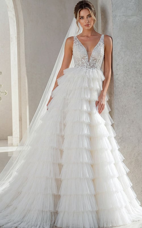white tulle deep V neck A-line wedding dress with beaded sheer bodice and tiered ruffle skirt, front view, Jovani Bridal style JB43318