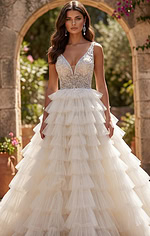 Bridal inspired lace bodice gown with voluminous tiered skirt