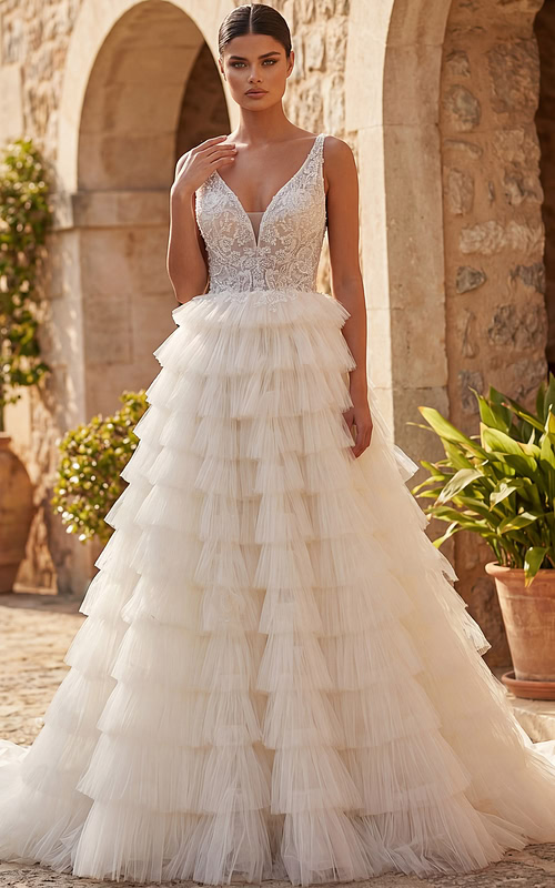 Soft tulle ball gown with cascading layered ruffles
