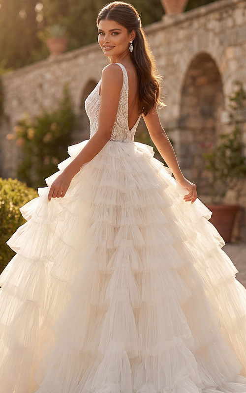 Dreamy ruffle tiered gown with fitted lace bodice and sweeping train