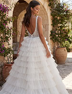 Statement layered tulle gown with plunging neckline