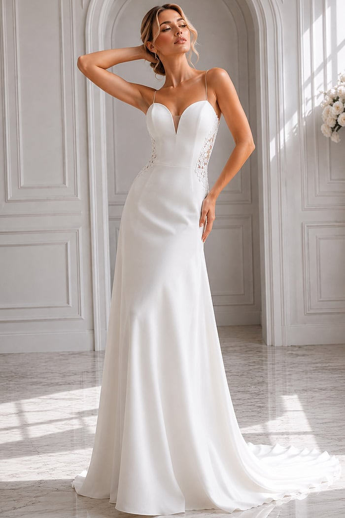 Timeless bridal silhouette with a clean, flowing skirt, illusion lace details, and a striking low V-back.