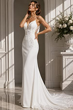 Sophisticated Fit-and-Flare Dress – Clean, sculpted shape with a plunging neckline, open back, and graceful train.