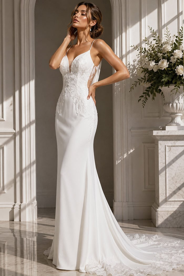 Sophisticated Fit-and-Flare Dress – Clean, sculpted shape with a plunging neckline, open back, and graceful train.