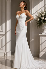 Low Back Bridal Dress – Elegant fitted gown featuring a draped cowl back and timeless button detailing.