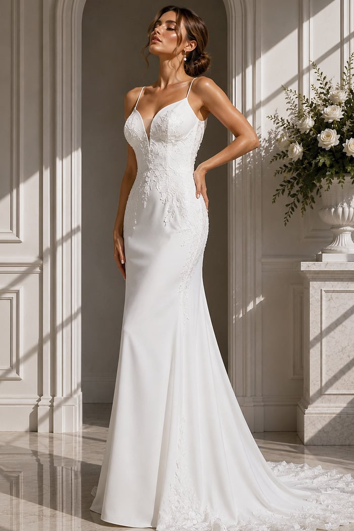 Low Back Bridal Dress – Elegant fitted gown featuring a draped cowl back and timeless button detailing.