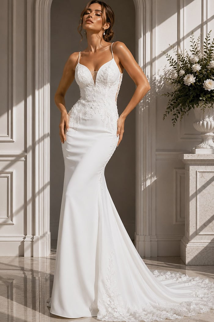 Minimalist Crepe Mermaid Gown – Sleek silhouette with delicate lace appliqué, spaghetti straps, and a soft chapel train.