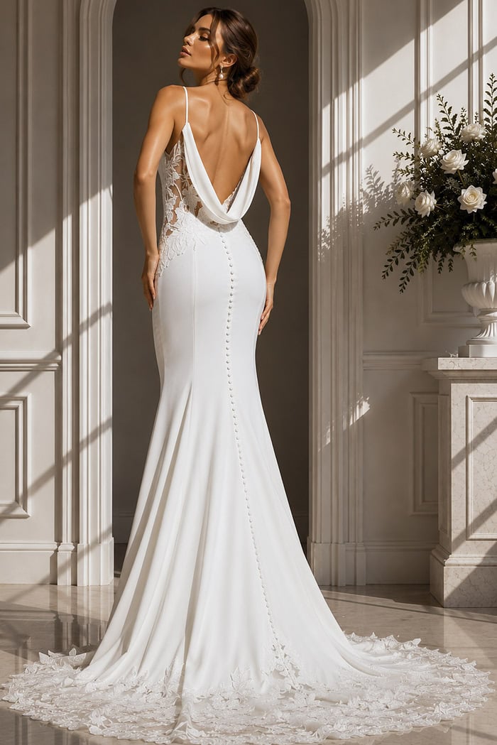 Floral Appliqué Wedding Gown – Modern crepe design accented with romantic floral lace and illusion side panels.