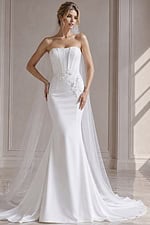 white satin strapless fitted mermaid wedding dress with corset bodice, 3D floral waist applique and tulle cape veil, front view, Jovani Bridal style JB43816