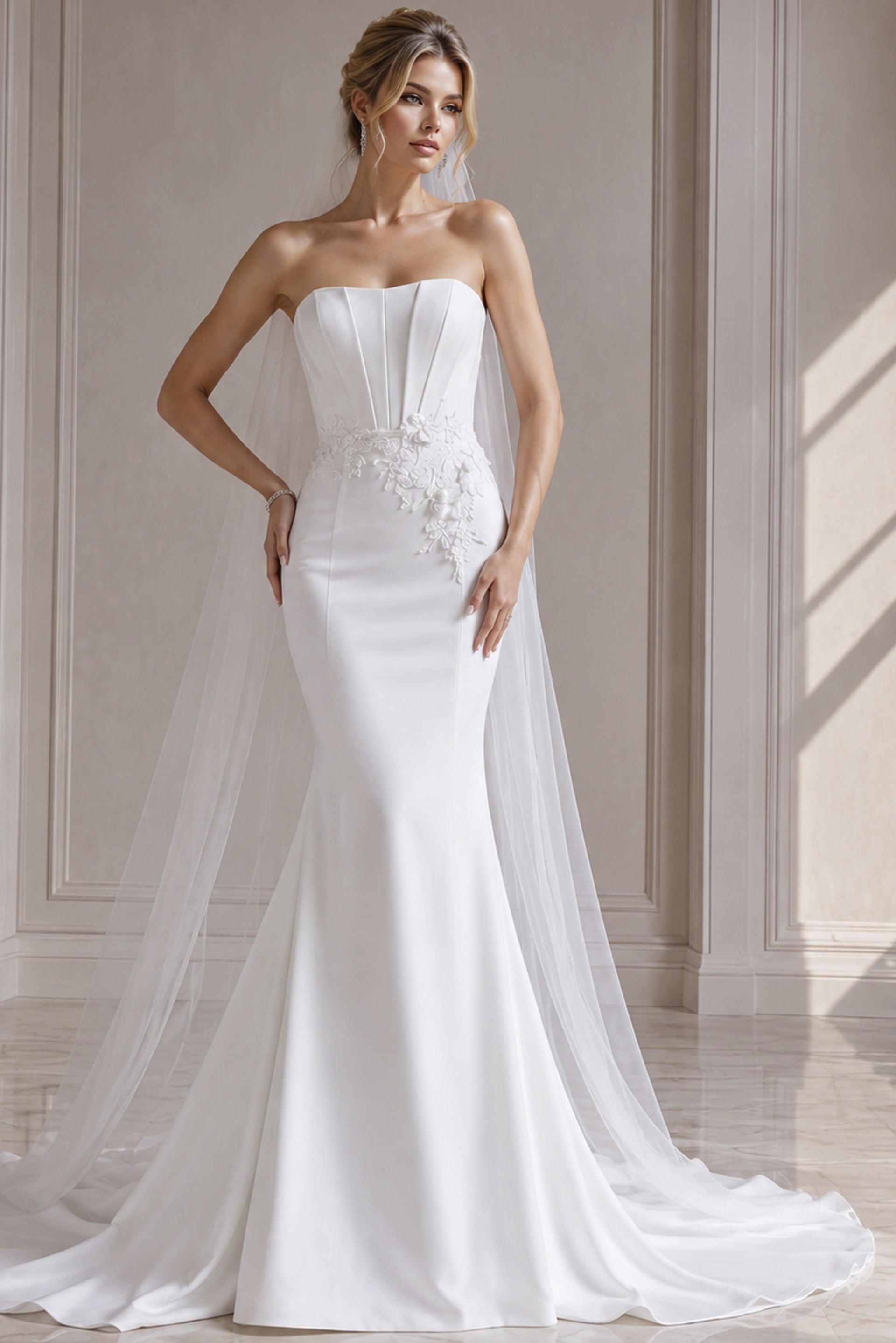 JB43816-8 white satin strapless fitted mermaid wedding dress with corset bodice, 3D floral waist applique and tulle cape veil, front view, Jovani Bridal style JB43816