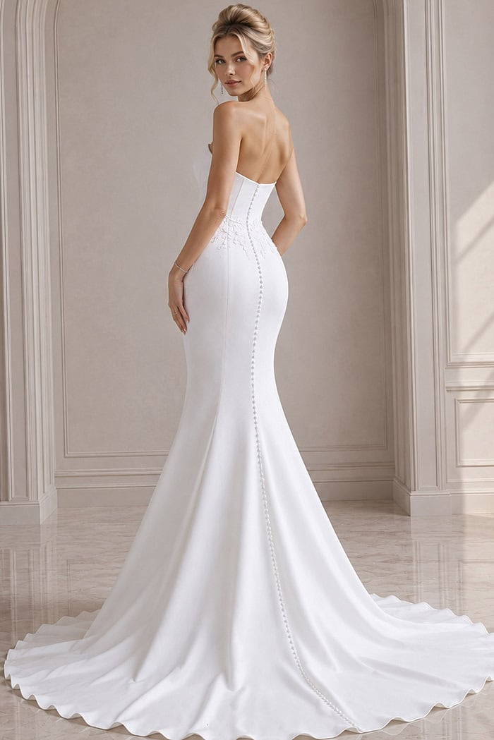 white satin strapless fitted mermaid wedding dress with corset bodice, 3D floral waist applique and tulle cape veil, front view, Jovani Bridal style JB43816