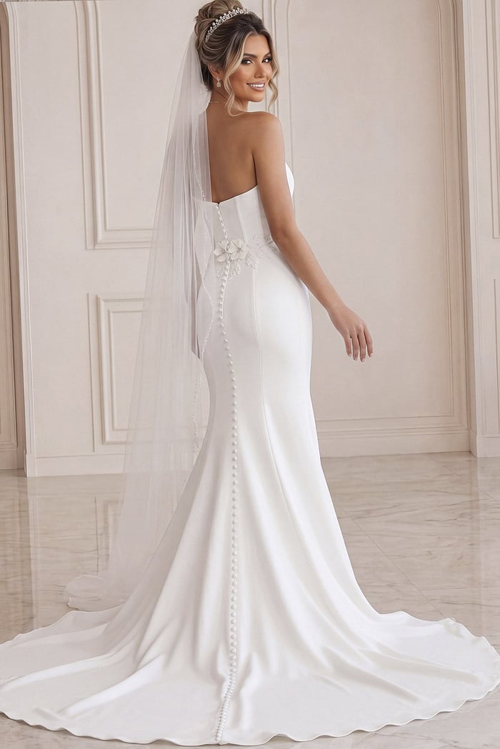 white satin strapless fitted mermaid wedding dress with corset bodice, 3D floral waist applique and tulle cape veil, front view, Jovani Bridal style JB43816