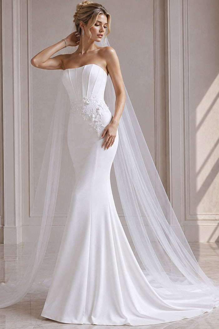 white satin strapless fitted mermaid wedding dress with corset bodice, 3D floral waist applique and tulle cape veil, front view, Jovani Bridal style JB43816