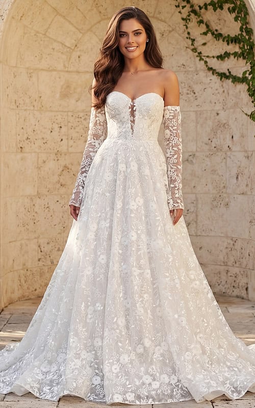 Lace off shoulder bridal gown with floral lace bodice, long sheer sleeves, and full A line skirt.