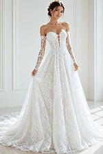 ivory floral lace A-line wedding dress with strapless sweetheart neckline and detachable off the shoulder lace long sleeves, front view, Jovani Bridal style JB43864