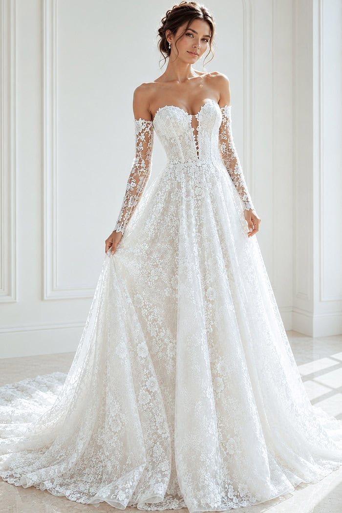 ivory floral lace A-line wedding dress with strapless sweetheart neckline and detachable off the shoulder lace long sleeves, front view, Jovani Bridal style JB43864