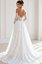 ivory floral lace A-line wedding dress with strapless sweetheart neckline and detachable off the shoulder lace long sleeves, front view, Jovani Bridal style JB43864