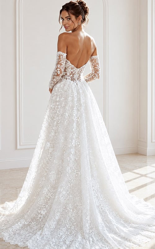 ivory floral lace A-line wedding dress with strapless sweetheart neckline and detachable off the shoulder lace long sleeves, front view, Jovani Bridal style JB43864