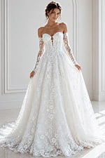 ivory floral lace A-line wedding dress with strapless sweetheart neckline and detachable off the shoulder lace long sleeves, front view, Jovani Bridal style JB43864