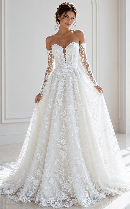 ivory floral lace A-line wedding dress with strapless sweetheart neckline and detachable off the shoulder lace long sleeves, front view, Jovani Bridal style JB43864