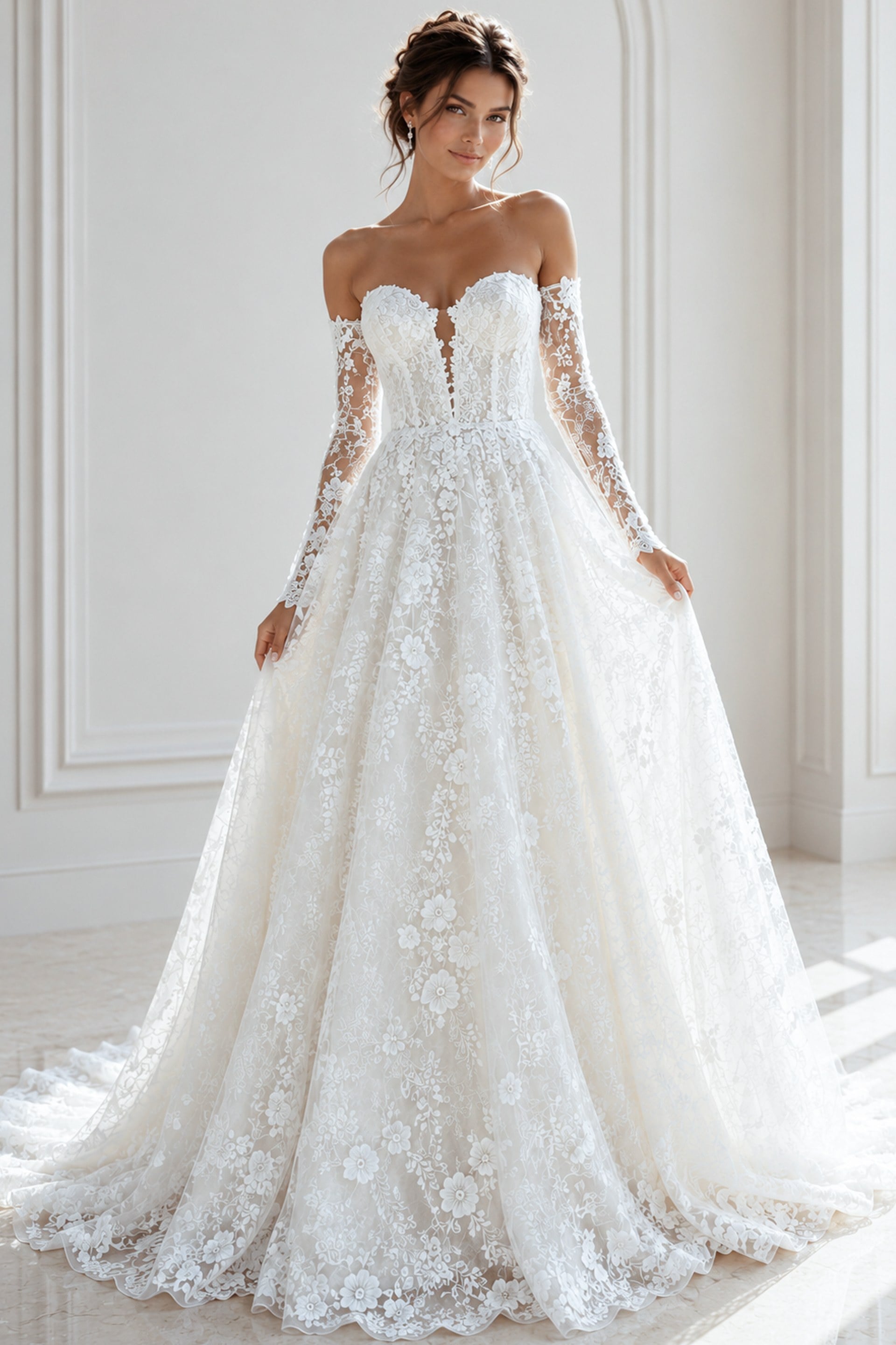 JB43864-9 ivory floral lace A-line wedding dress with strapless sweetheart neckline and detachable off the shoulder lace long sleeves, front view, Jovani Bridal style JB43864
