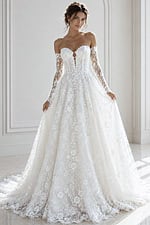 ivory floral lace A-line wedding dress with strapless sweetheart neckline and detachable off the shoulder lace long sleeves, front view, Jovani Bridal style JB43864