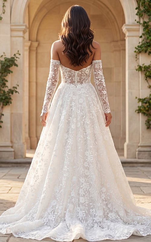 Off shoulder lace A line bridal gown with sheer long sleeves and sheer illusion back.