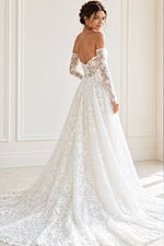 back view of ivory floral lace A-line wedding dress with strapless sweetheart neckline and detachable off the shoulder lace long sleeves, Jovani Bridal style JB43864