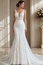 Figure-hugging mermaid gown with floral lace and a plunging illusion neckline.