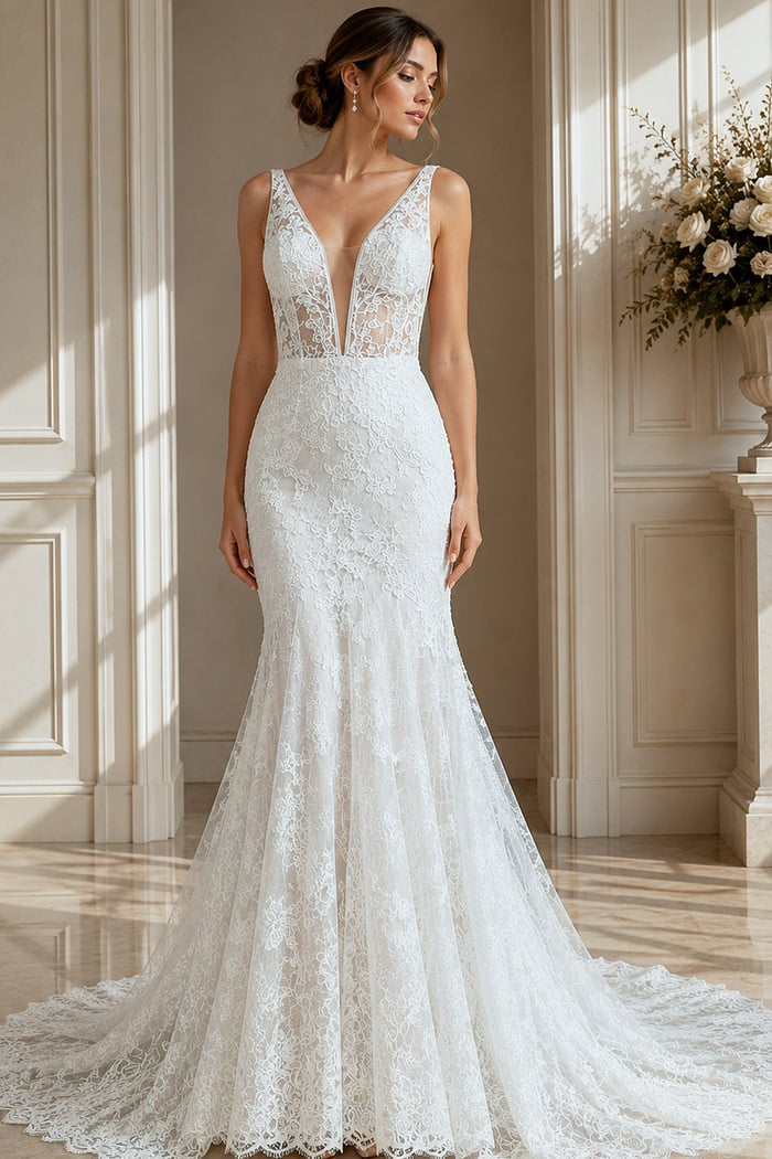 Figure-hugging mermaid gown with floral lace and a plunging illusion neckline.
