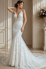 Romantic lace silhouette with sheer bodice and softly flared skirt.
