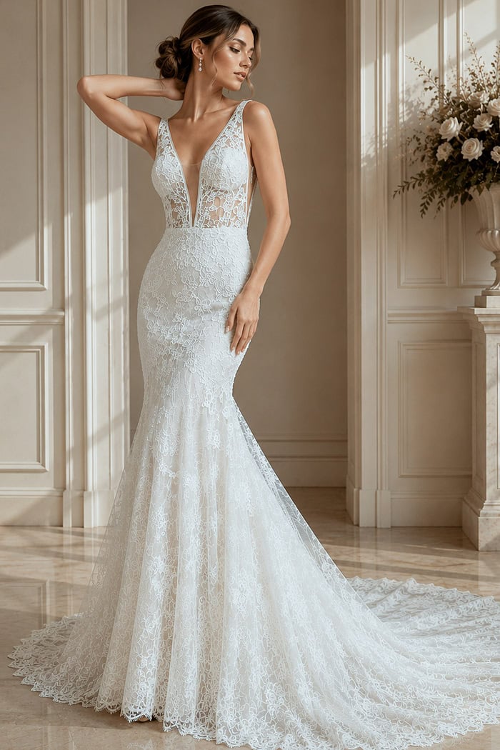 Romantic lace silhouette with sheer bodice and softly flared skirt.