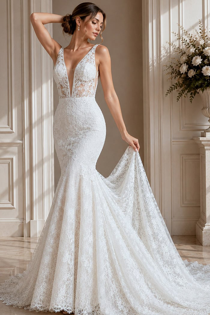 Contemporary all-over lace design with delicate straps and dramatic train.