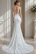 Sculpted mermaid dress featuring intricate lace appliqué and a low open back.