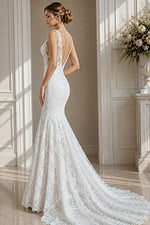 fitted silhouette with floral lace detailing and a graceful sweeping train.
