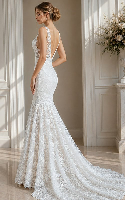 fitted silhouette with floral lace detailing and a graceful sweeping train.