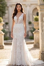 Intricate Lace Wedding Gown with Deep V Neckline and Flowing Train JB43894