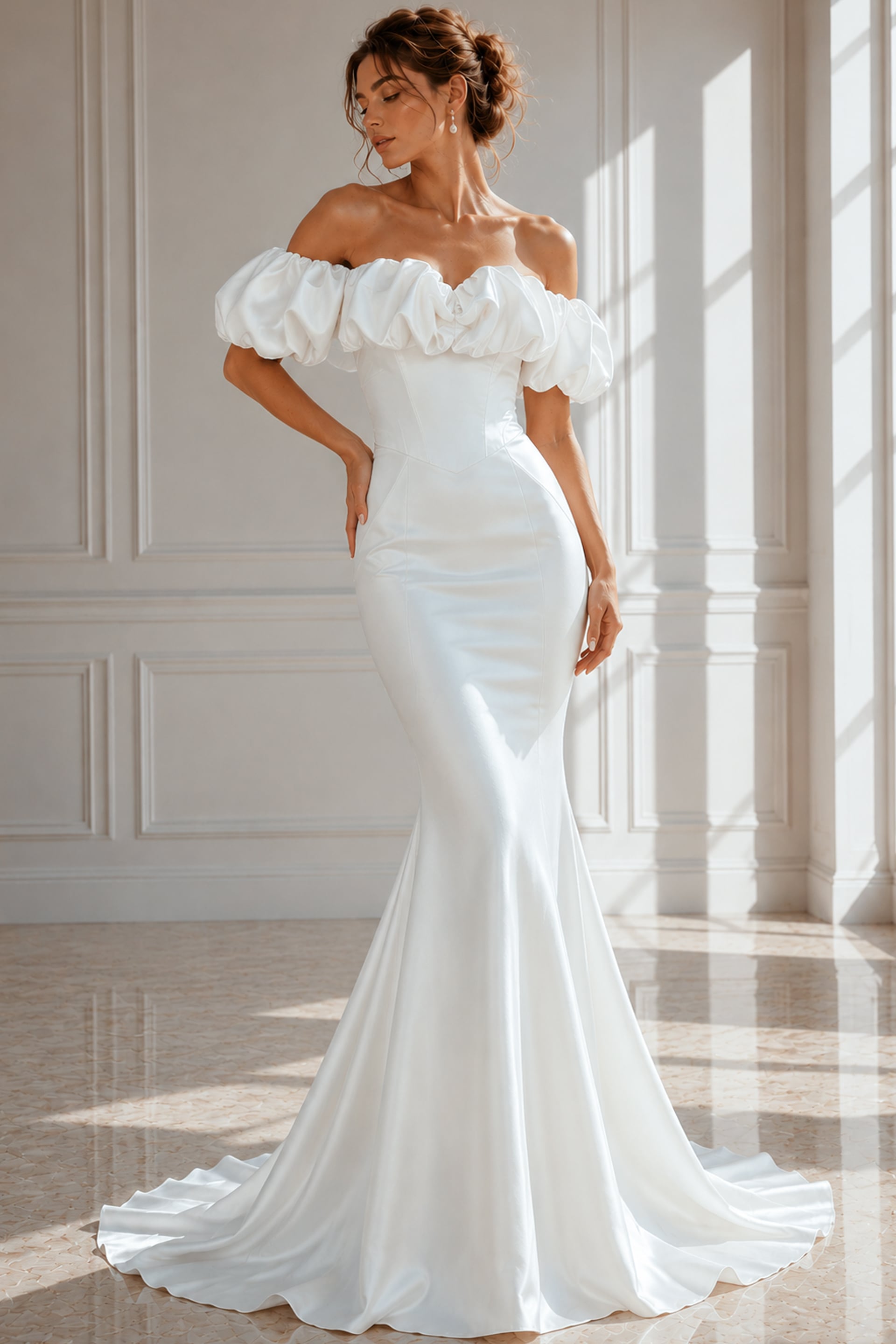 JB43896 Classic Mermaid Bridal Gown with Off-Shoulder Sleeves, Contoured Seams, and Flowing Train