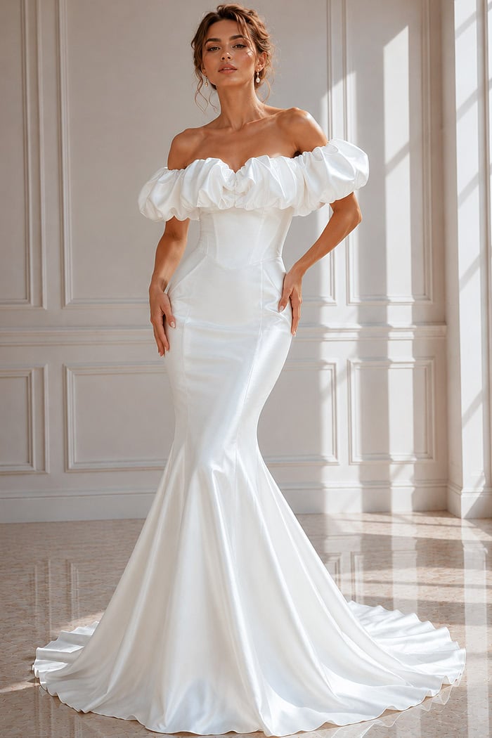 Modern Satin Wedding Dress with Structured Corset Bodice and Button-Back Detail