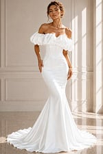 Elegant Fit-and-Flare Bridal Gown Featuring a Ruched Neckline and Romantic Puff Sleeves