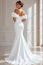 Off-the-Shoulder Satin Mermaid Wedding Dress with Puff Sleeves and Sweep Train