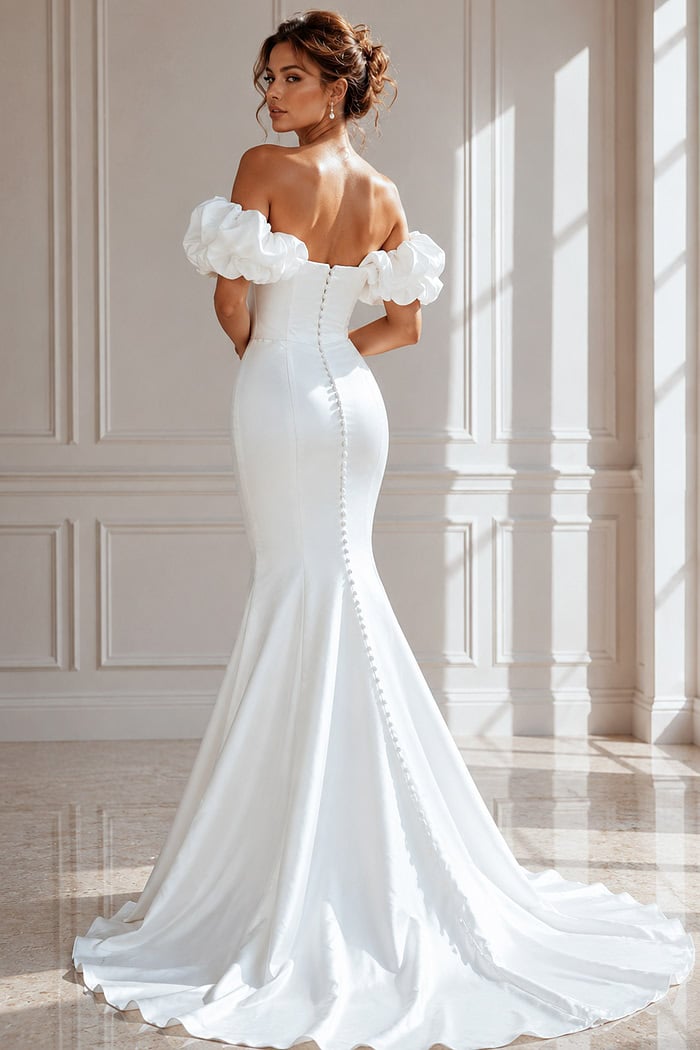 Off-the-Shoulder Satin Mermaid Wedding Dress with Puff Sleeves and Sweep Train