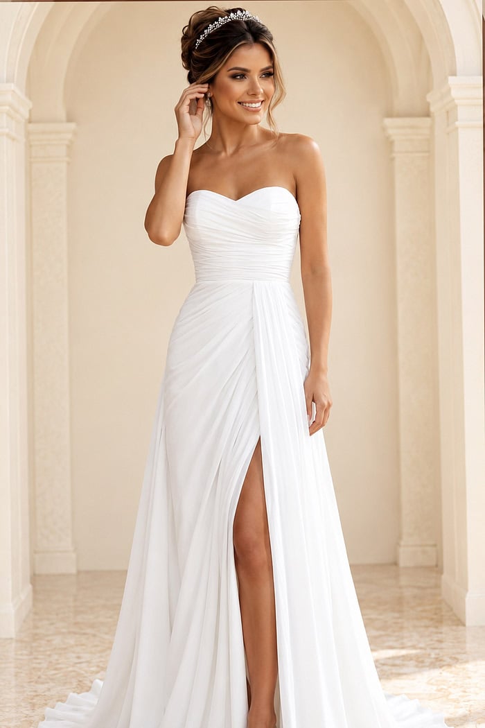 white chiffon strapless A-line wedding dress with sweetheart ruched bodice and high slit draped skirt, front view, Jovani Bridal style JB43897