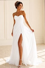 white chiffon strapless A-line wedding dress with sweetheart ruched bodice and high slit draped skirt, front view, Jovani Bridal style JB43897