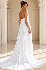 white chiffon strapless A-line wedding dress with sweetheart ruched bodice and high slit draped skirt, front view, Jovani Bridal style JB43897