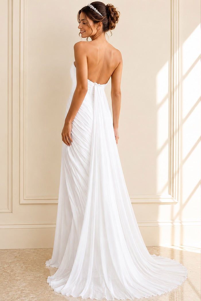 white chiffon strapless A-line wedding dress with sweetheart ruched bodice and high slit draped skirt, front view, Jovani Bridal style JB43897