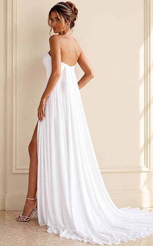 white chiffon strapless A-line wedding dress with sweetheart ruched bodice and high slit draped skirt, front view, Jovani Bridal style JB43897