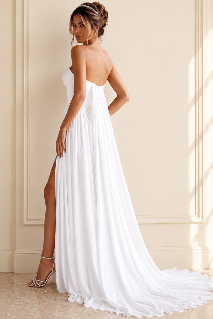 white chiffon strapless A-line wedding dress with sweetheart ruched bodice and high slit draped skirt, front view, Jovani Bridal style JB43897