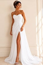 white chiffon strapless A-line wedding dress with sweetheart ruched bodice and high slit draped skirt, front view, Jovani Bridal style JB43897