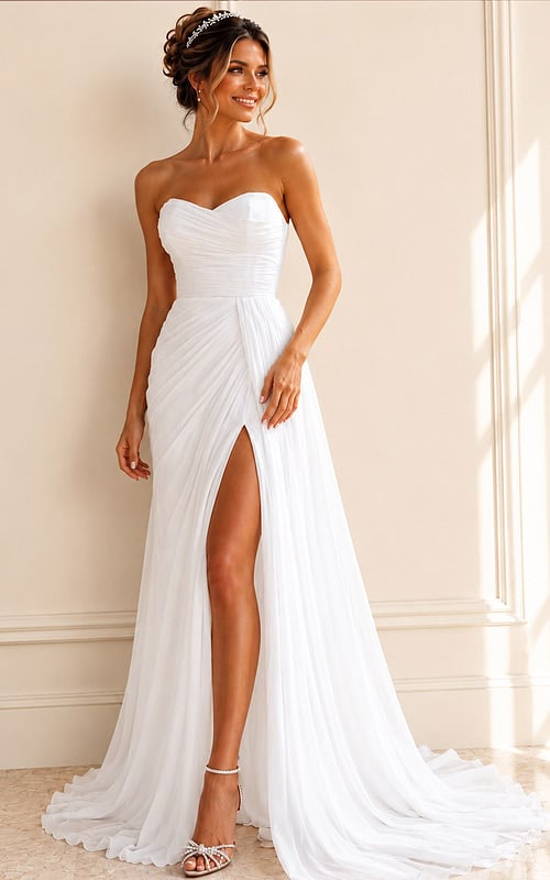 white chiffon strapless A-line wedding dress with sweetheart ruched bodice and high slit draped skirt, front view, Jovani Bridal style JB43897